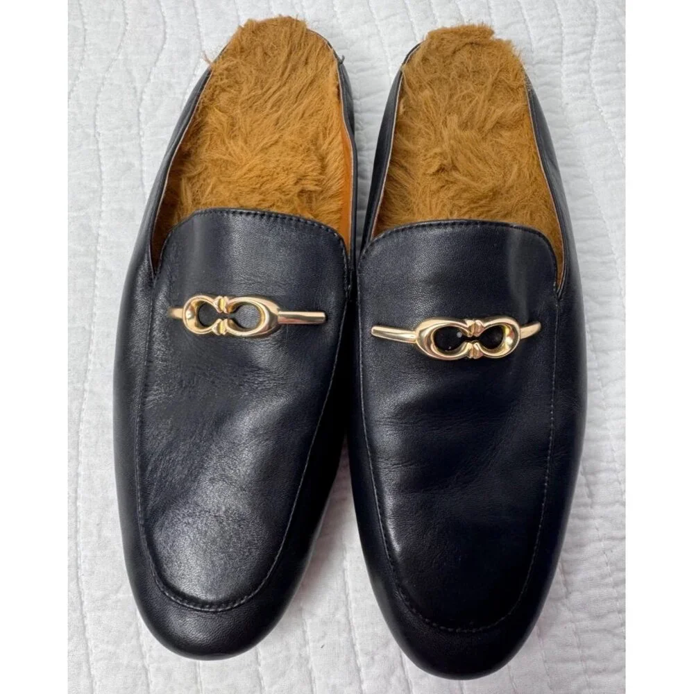 Coach Sienna Sherpa Black Leather Slip-on Slides Mules 6.5